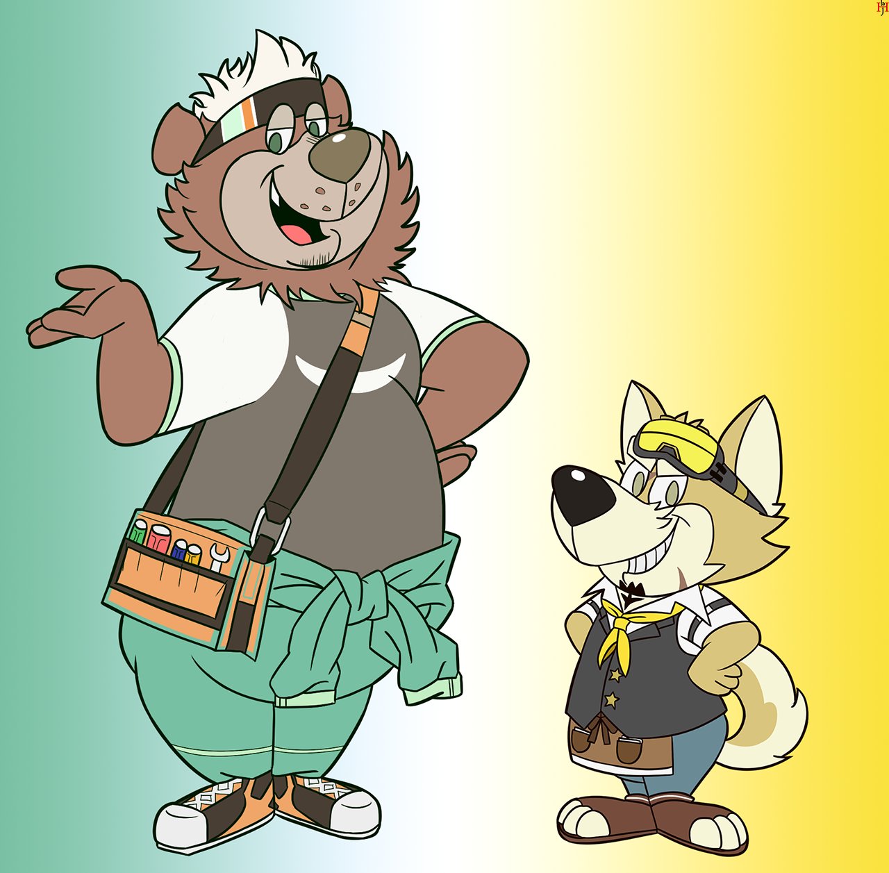 anthro belly brandonthehusky duo eyewear goggles goro_(live-a-hero) hanna-barbera hi_res live-a-hero male mammal parody procy size_difference slightly_chubby style_parody ursid yogi_bear