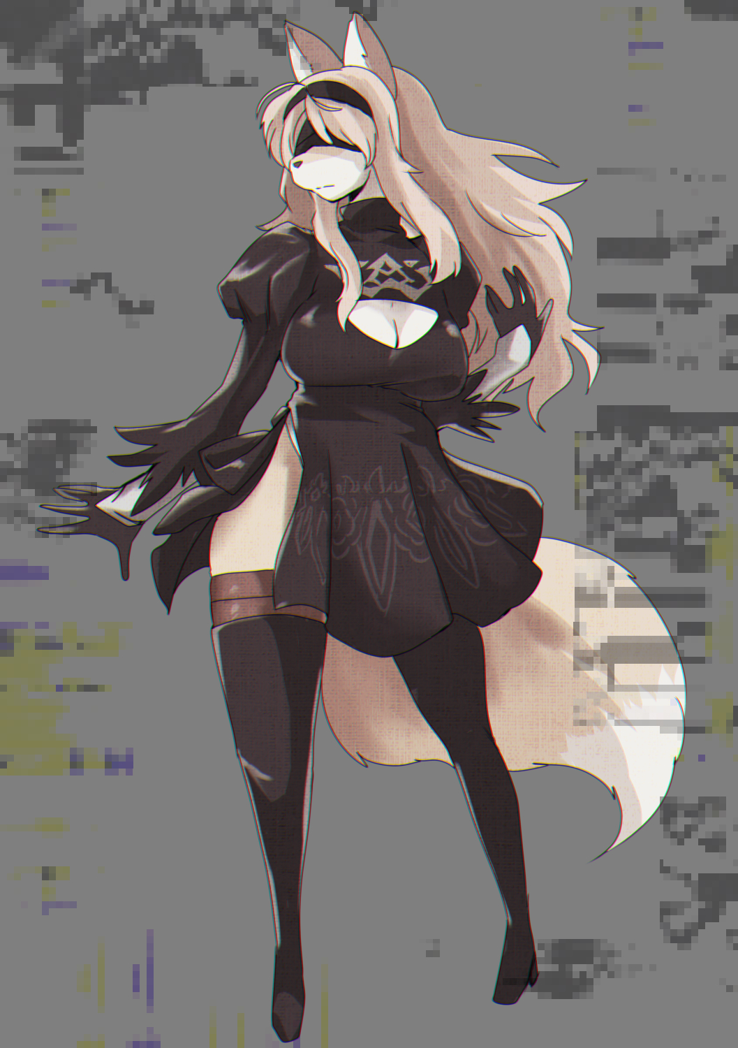 accessory anthro black_clothing blindfold canid canine clothing dipstick_tail female fox fur glitch grey_background hair hair_accessory hairband hi_res kemono legwear long_hair mammal multicolored_body multicolored_fur multicolored_tail nier_automata orange_body orange_fur red_fox shinobe simple_background solo standing thigh_highs two_tone_body two_tone_fur white_body white_fur yorha_2b