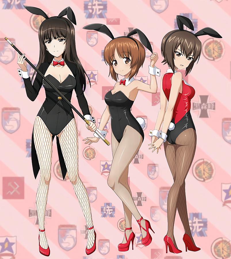 3girls anzio_(emblem) arms_behind_back ass_visible_through_thighs breasts brown_eyes brown_hair bunny_tail bunnysuit cleavage detached_collar emblem fishnets girls_und_panzer haiiro_purin hair_between_eyes high_heels kuromorimine_(emblem) large_breasts long_hair looking_at_viewer medium_breasts multiple_girls nishizumi_maho nishizumi_miho nishizumi_shiho pantyhose pravda_(emblem) red_footwear saunders_(emblem) short_hair smile st._gloriana's_(emblem) standing standing_on_one_leg striped striped_background tail thighs wrist_cuffs