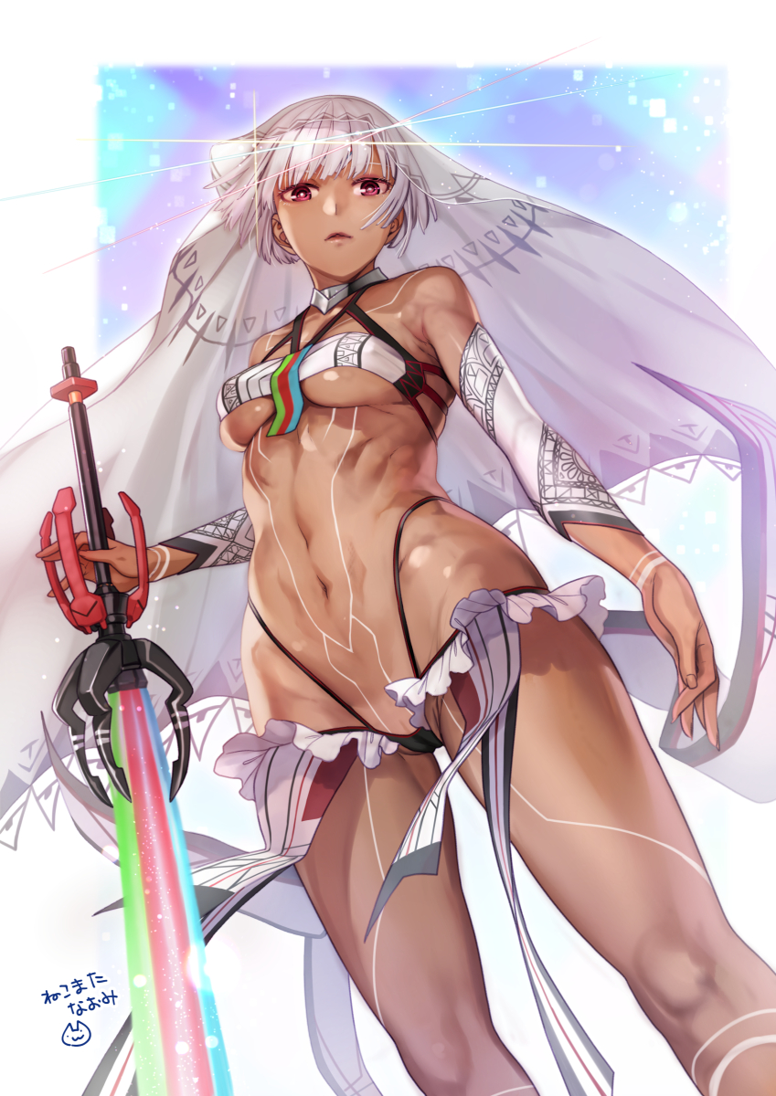 1girl altera_(fate) bangs bare_shoulders breasts dark_skin detached_sleeves energy_sword fate/extella fate/extra fate_(series) full_body_tattoo highres looking_at_viewer navel nekomata_naomi parted_lips photon_ray red_eyes short_hair small_breasts sword tattoo thighs veil weapon white_hair