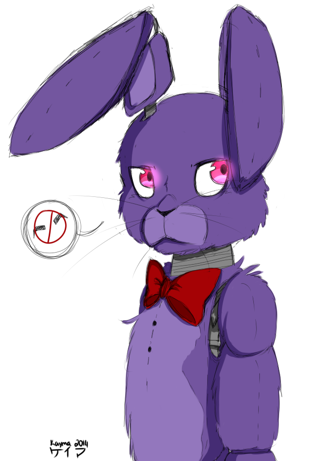 0gamegirlartistnerd0 2014 angry animatronic anthro bonnie_(fnaf) five_nights_at_freddy's glowing glowing_eyes japanese_text lagomorph leporid long_ears machine male mammal pink_body purple_body rabbit ribbons robot signature solo speech_bubble text tuft video_games whiskers