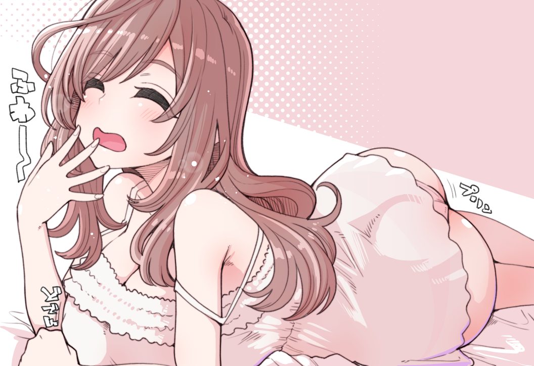 1girl ass bare_shoulders blush breast_rest breasts brown_hair cleavage closed_eyes covered_nipples dress feet_out_of_frame hanauna hand_to_own_mouth idolmaster idolmaster_shiny_colors large_breasts lying on_bed on_side open_mouth pajamas panties pink_dress pink_panties solo strap_slip tsukioka_kogane underwear wide_hips yawning