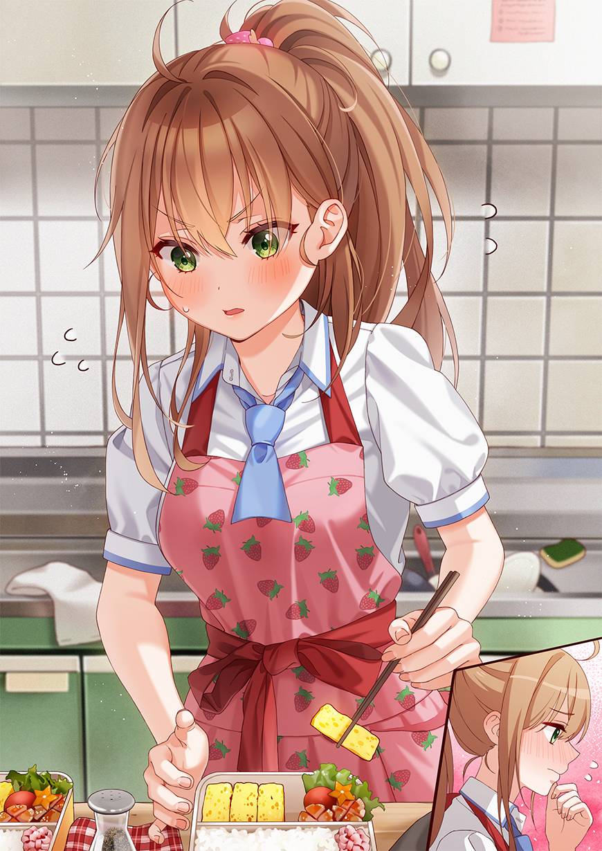 1girl apron blush brown_hair chopsticks eyes_visible_through_hair green_eyes highres indoors kitchen long_hair lunch multiple_views obentou open_mouth original ponytail school_uniform standing unjem