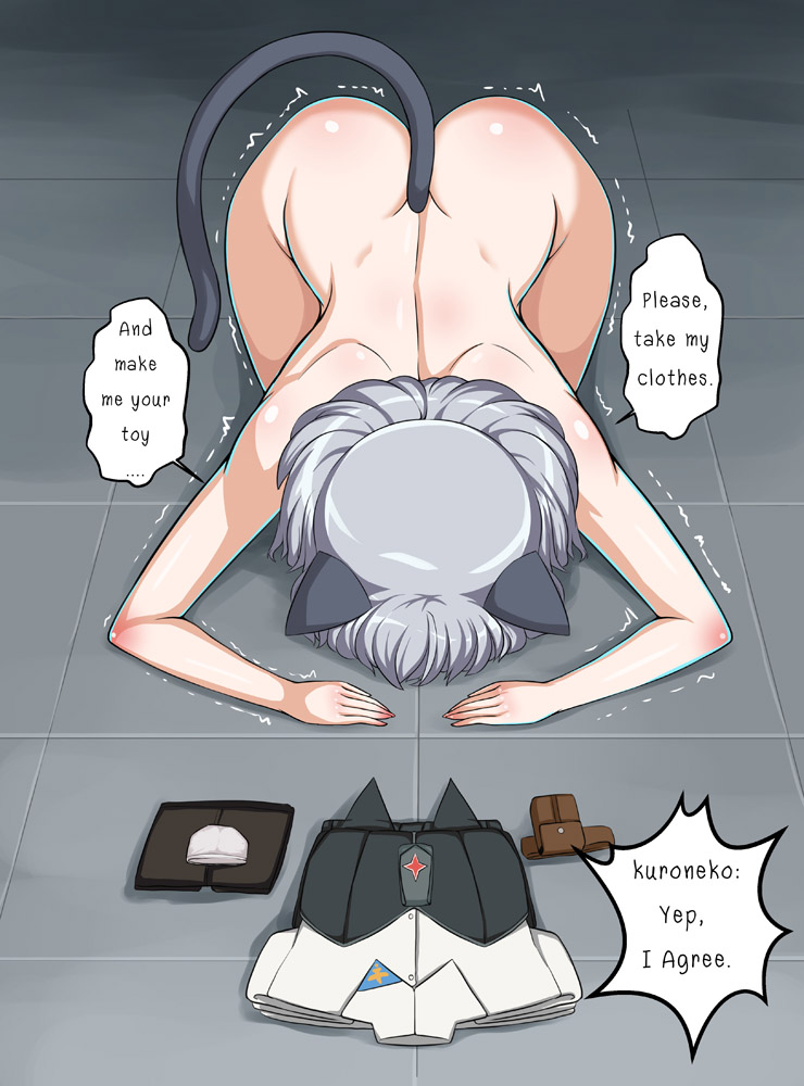 1girl animal_ears ass black_legwear cat_ears cat_tail clothes_removed cyber_(cyber_knight) dogeza grey_hair naked_dogeza on_floor panties panties_removed pantyhose pantyhose_removed sanya_v_litvyak shiny shiny_hair shiny_skin short_hair shoulder_blades solo speech_bubble stone_floor strike_witches tail tiles trembling underwear white_panties world_witches_series