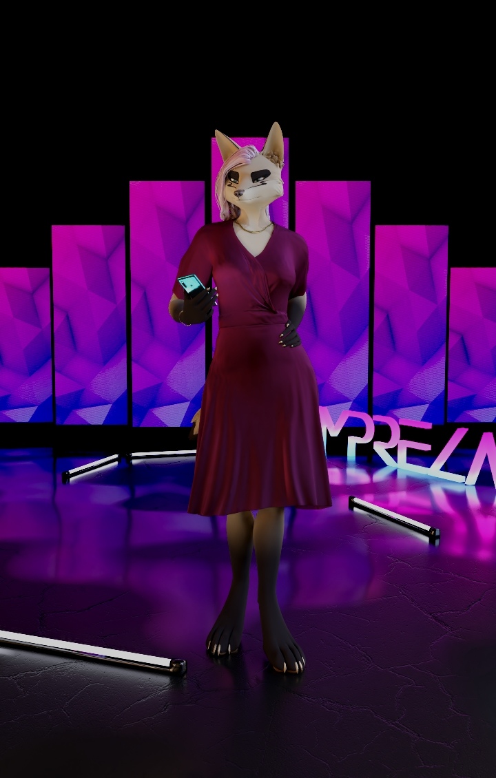 2020 3d_(artwork) anthro biped bracelet breasts canid canine canis cellphone claws clothed clothing covered_breasts detailed_background digital_media_(artwork) dress female fingers fox front_view full-length_portrait fur hair holding_object impreza jewelry lamp mammal multicolored_body necklace phone pink_hair portrait screens small_breasts smartphone smile solo standing tan_body tan_fur tridognait