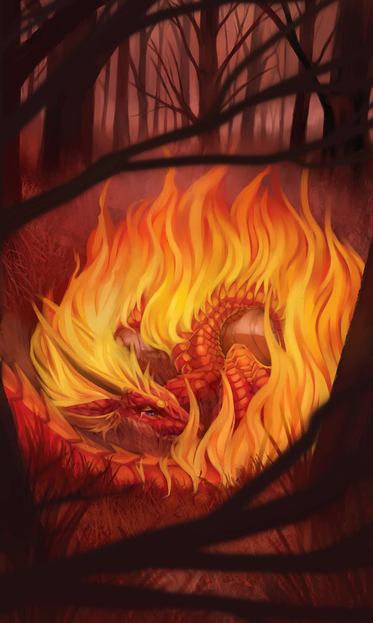 2020 ambiguous_gender bodily_fluids day detailed_background digital_media_(artwork) dragon feral fire forest grass hi_res horn lying on_front outside purple_eyes red_body red_scales red_theme sad scales scalie shaded solo tears tree zephra