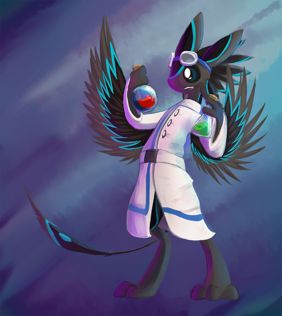 3_fingers 3_toes 4_ears ambiguous_gender avali black_body black_feathers black_sclera blue_body blue_eyes blue_feathers bottle clothed clothing coat eyewear feathers fingers fully_clothed goggles goggles_on_head green_liquid grey_body grey_feathers lab_coat multi_ear nexeron potion red_liquid science smile solo toes topwear wings