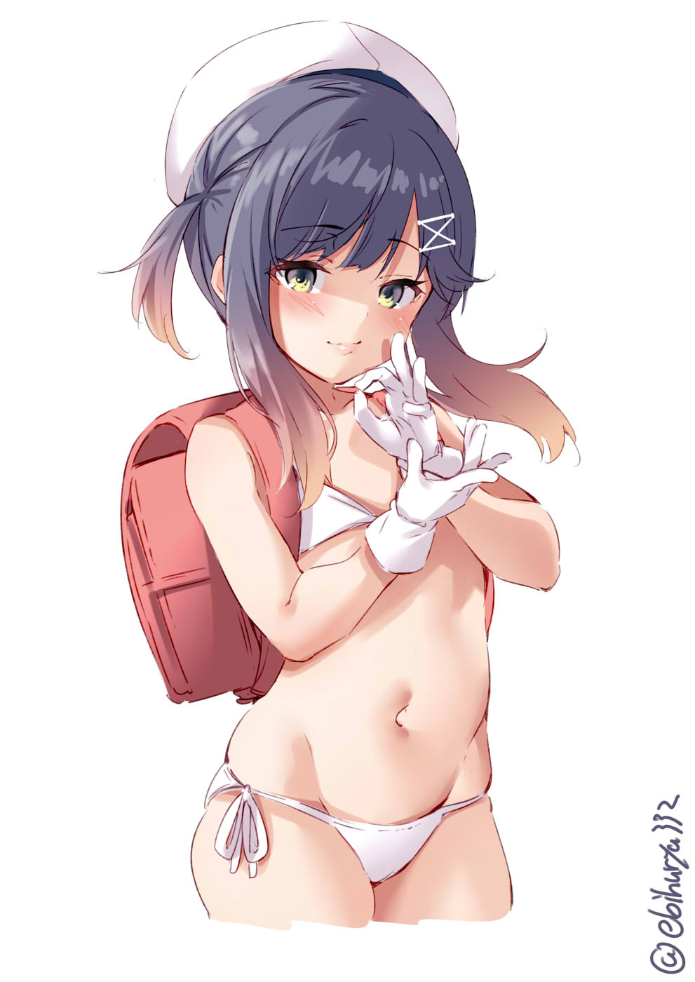 1girl backpack bag bare_arms bikini blush closed_mouth collarbone cowboy_shot cropped_legs ebifurya eyebrows_visible_through_hair gloves gradient_hair groin hat highres kantai_collection long_hair looking_at_viewer multicolored_hair naughty_face navel purple_hair randoseru sailor_hat sexually_suggestive side-tie_bikini sidelocks simple_background solo swimsuit tsushima_(kantai_collection) twitter_username white_background white_bikini white_gloves white_headwear yellow_eyes