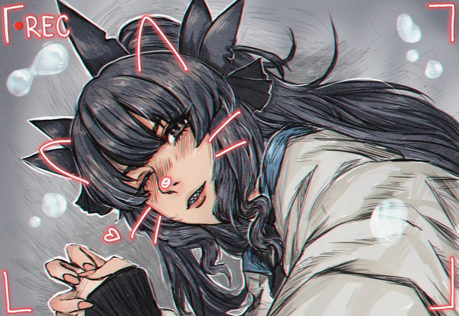 1girl animal_ears artemis_of_the_blue black_eyes black_hair claw_pose close-up english_commentary fake_animal_ears fake_whiskers heart indie_virtual_youtuber long_hair looking_up nabi_(sothisu) parted_lips ponytail recording sharp_teeth solo teeth virtual_youtuber whiskers