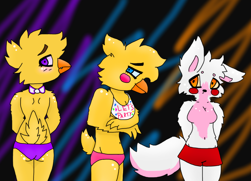 2015 alternate_species anthro avian bib bird blue_eyes blush bow_tie breasts canid canine cheek_tuft chica_(fnaf) chicken circle_eyebrows clothing covering covering_self embarrassed eyebrows facial_tuft fangs feathers featureless_breasts female five_nights_at_freddy's five_nights_at_freddy's_2 fluffy fluffy_tail fox fur galliform gallus_(genus) group hair head_tuft long_tail looking_at_another looking_at_viewer mammal mangle_(fnaf) multicolored_body multicolored_fur orange_eyes phasianid pink_body pink_cheeks pink_clothing pink_fur pink_underwear purple_clothing purple_eyes purple_underwear red_cheeks red_clothing red_underwear scurryy scut_tail simple_background toy_chica_(fnaf) tuft underwear video_games white_body white_fur yellow_body yellow_feathers