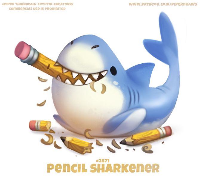 ambiguous_gender anthro beady_eyes black_eyes blue_body blue_scales cryptid-creations english_text fangs fish gills grin marine pencil_(object) pencil_shavings scales shark simple_background smile teeth text url white_background white_body white_scales
