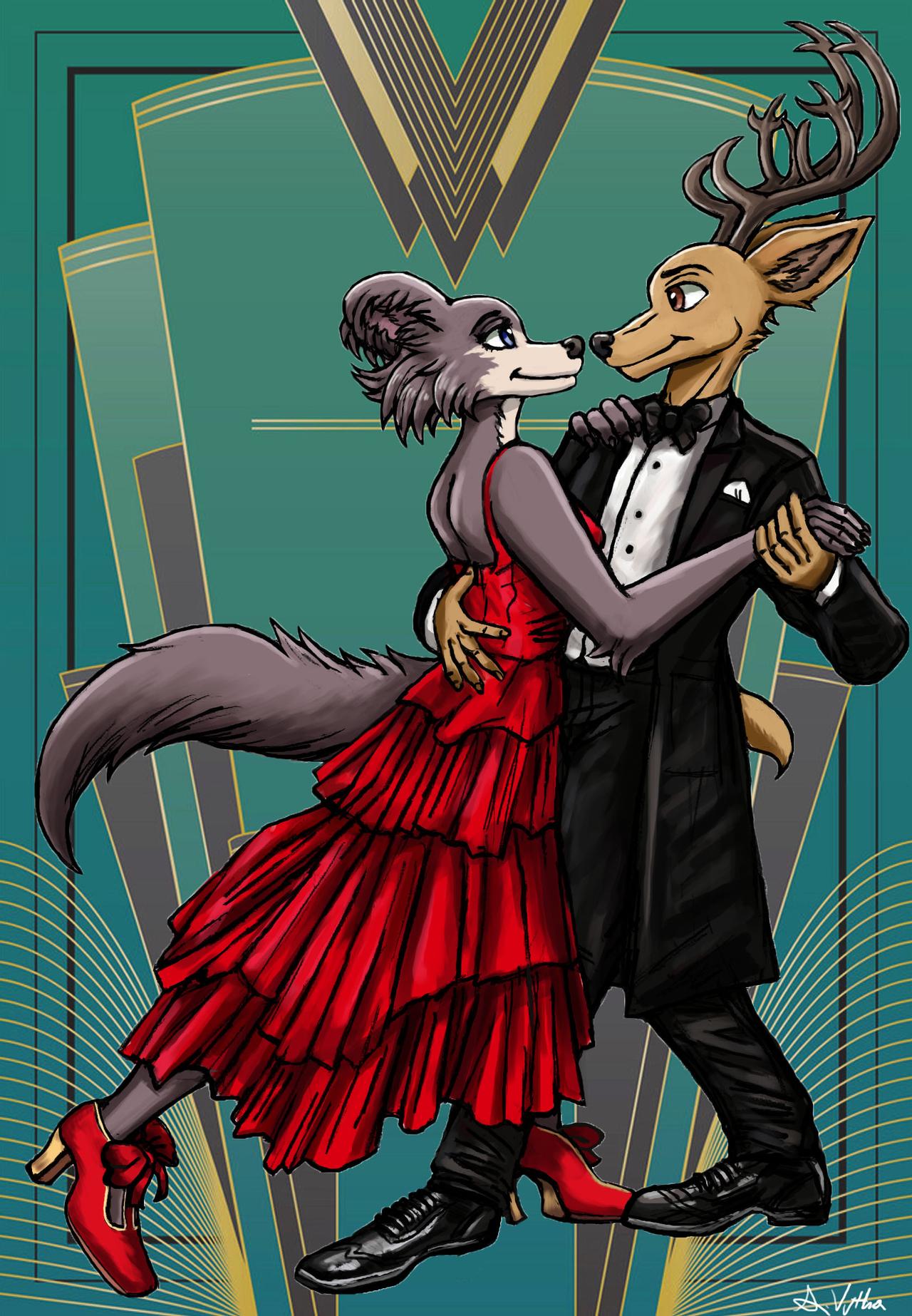 1920s anthro art_deco backless_dress beastars black_tie black_tie_(suit) brown_body brown_fur canid canine canis cervid clothed clothing dancing dress duo eye_contact female footwear fur hand_holding hand_on_back hi_res high_heels juno_(beastars) looking_at_another looking_at_partner louis_(beastars) male male/female mammal multicolored_body multicolored_fur red_clothing red_dress romantic_couple shoes suit thelivingshadow two_tone_body two_tone_fur white_body white_fur wolf