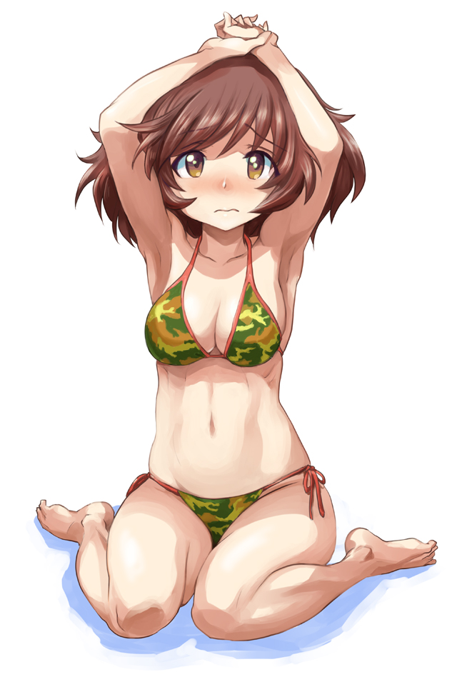 1girl akiyama_yukari armpits arms_up bangs barefoot bikini blush breasts brown_eyes brown_hair camouflage camouflage_bikini cleavage closed_mouth commentary_request embarrassed eyebrows_visible_through_hair frown full_body gemu555 girls_und_panzer green_bikini hands_together looking_at_viewer medium_breasts medium_hair messy_hair navel shadow side-tie_bikini sitting solo string_bikini swimsuit wariza