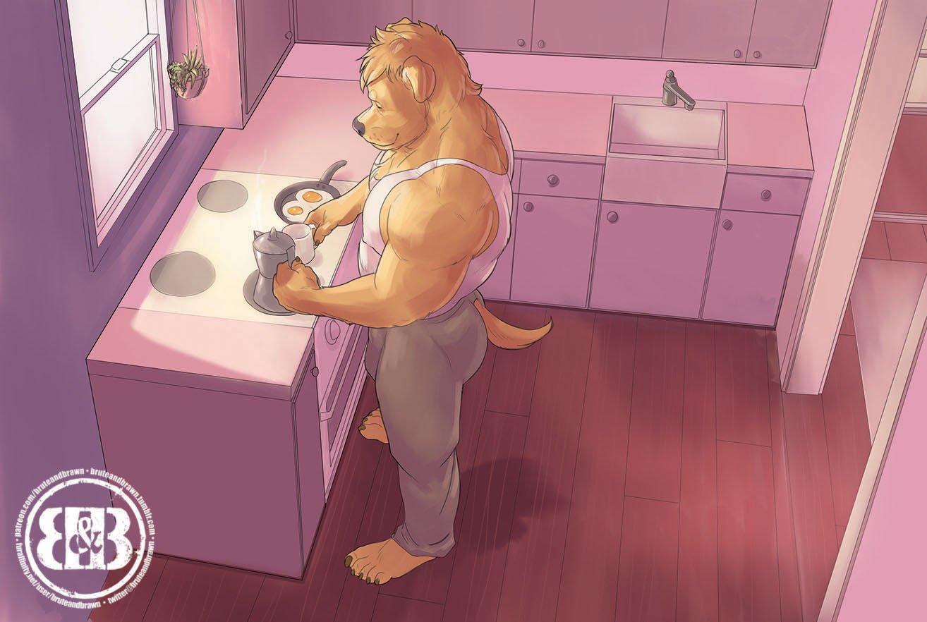 2019 5_toes anthro barefoot biceps bird's-eye_view bird_dog blonde_hair bottomwear bruteandbrawn canid canine canis chest_tuft clothing cooking cookware counter cup cupboard detailed detailed_background digital_media_(artwork) domestic_dog egg food frying_pan fur golden_retriever grey_bottomwear grey_clothing grey_pants hair high-angle_view hunting_dog inside kettle kitchen kitchen_utensils looking_down male mammal morning muscular muscular_anthro muscular_male oven pants plant retriever shirt side_view sink smile solo standing tank_top toes tools topwear tuft watermark white_clothing white_tank_top white_topwear window wooden_floor yellow_body yellow_fur