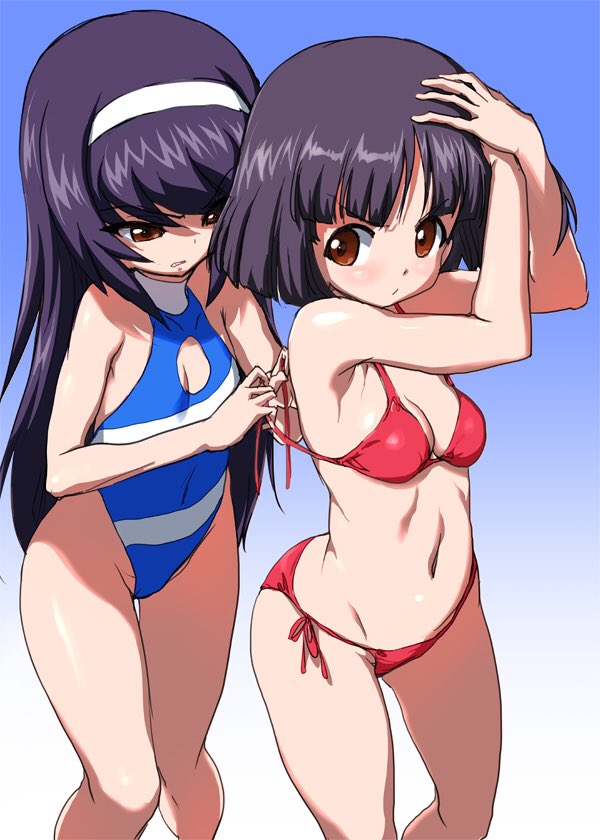 2girls angry bangs bikini black_hair blue_background blue_swimsuit blunt_bangs blush bob_cut breasts brown_eyes cleavage cleavage_cutout closed_mouth clothing_cutout commentary_request covered_navel dressing_another eyebrows_visible_through_hair frown gemu555 girls_und_panzer glaring gradient gradient_background grimace hairband halterneck hands_on_own_head highleg highleg_swimsuit long_hair looking_at_another looking_back multiple_girls navel one-piece_swimsuit red_bikini reizei_mako short_hair side-tie_bikini small_breasts sono_midoriko standing string_bikini swimsuit thigh_gap tying untied untied_bikini white_hairband