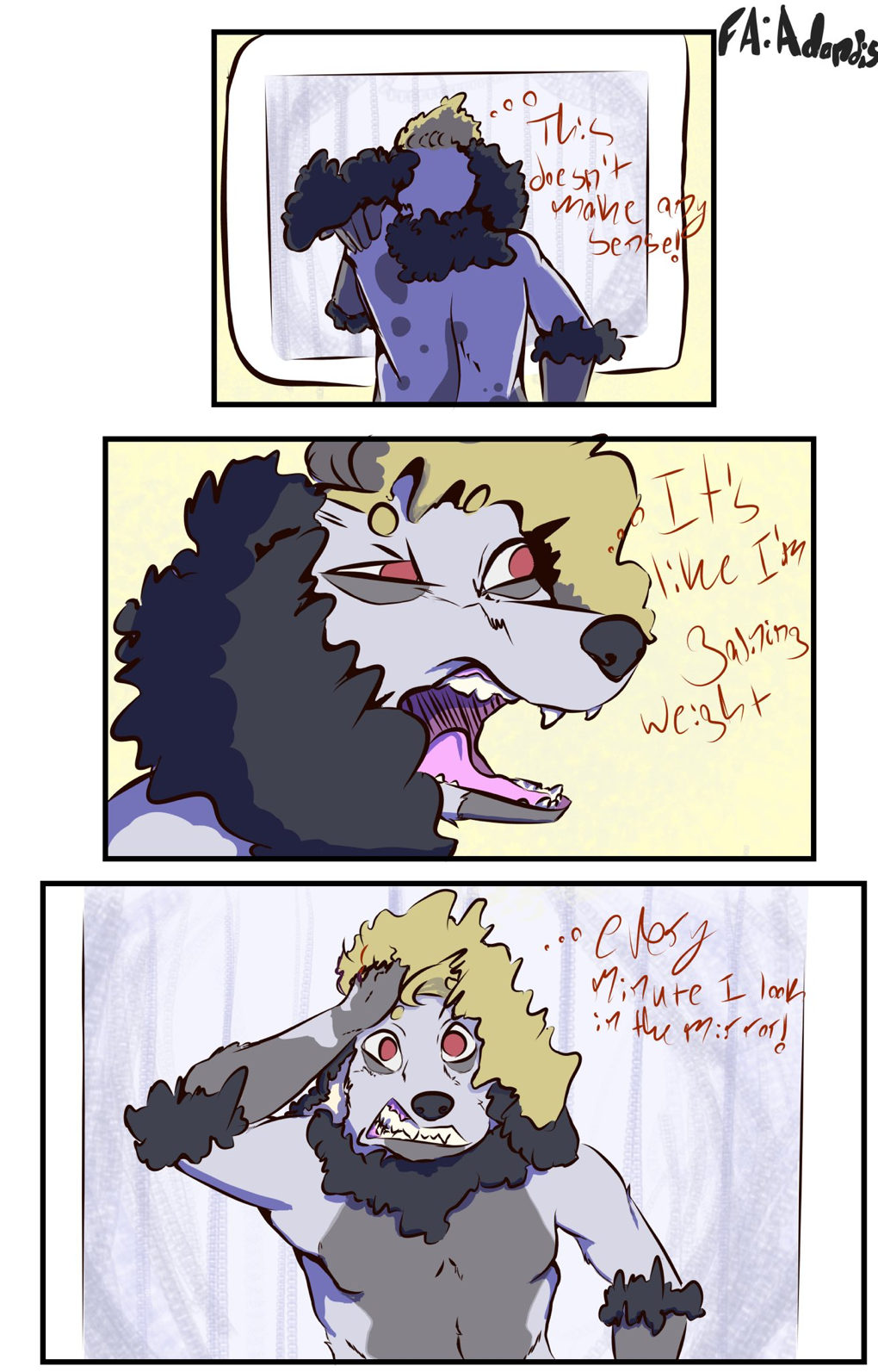 adondis anthro baring_teeth canid canine canis comic comic_page domestic_dog expressions fluffy frizzy_hair fur hair hi_res looking_at_mirror looking_at_object looking_at_self male mammal poodle red_eyes russell(adondis) showing_teeth solo spots spotted_body spotted_fur teeth text wavy_hair
