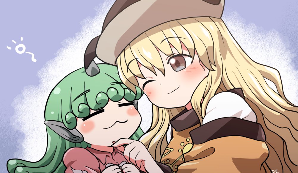 2girls :3 ;) animal_ears blonde_hair blush caress cloud_print constellation_print curly_hair detached_sleeves green_eyes green_hair hat hidden_star_in_four_seasons horns kariyushi_shirt komainu komano_aun long_hair long_sleeves matara_okina multiple_girls one_eye_closed red_shirt rokugou_daisuke shirt single_horn smile tabard touhou wide_sleeves yellow_eyes