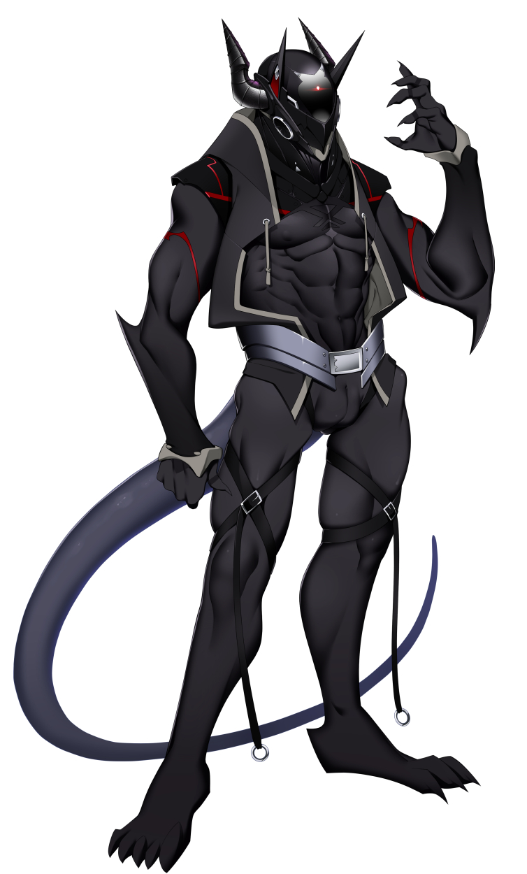 abs animal_genitalia belt black_body black_skin bottomless claws clothed clothing demon genital_slit genitals hi_res horn humanoid long_tail male mask muscular muscular_humanoid muscular_male nipples obliques open_clothing open_topwear pecs simple_background slit solo topwear white_background