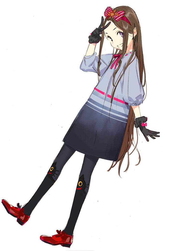 black_legwear bow brown_hair chacha_(fate/grand_order) dress fate/grand_order fate_(series) forehead gloves grin hairband horizontal_stripes long_hair looking_at_viewer pako pantyhose purple_eyes red_footwear shoes simple_background smile standing standing_on_one_leg striped v very_long_hair