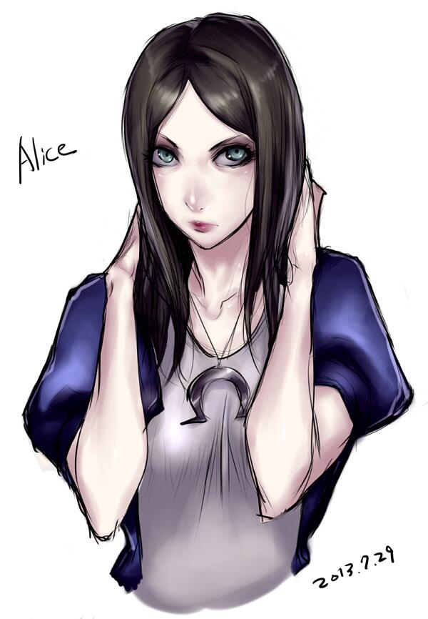 1girl alice:_madness_returns alice_(wonderland) american_mcgee's_alice apron black_hair closed_mouth dress green_eyes jewelry jupiter_symbol lipstick long_hair looking_at_viewer makeup necklace sawao simple_background solo white_background