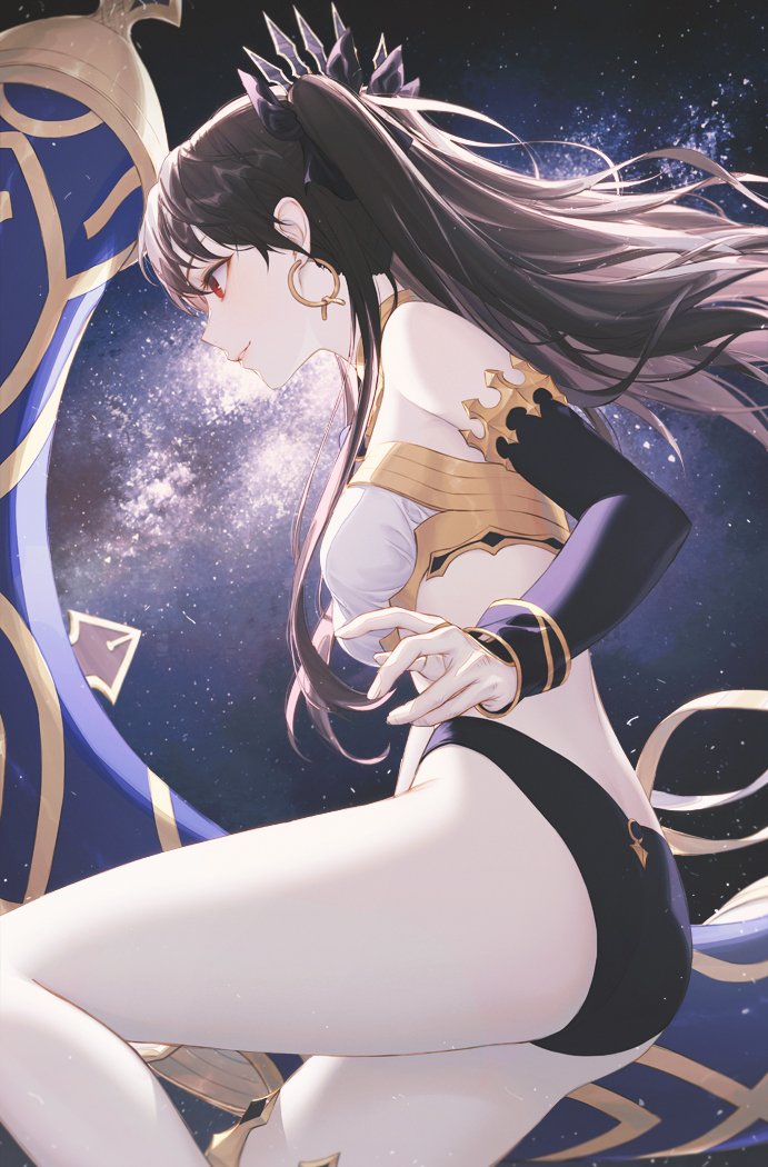 1girl asymmetrical_sleeves bangs bikini brown_hair crown detached_sleeves earrings elbow_gloves fate/grand_order fate_(series) gloves hiera12 hoop_earrings ishtar_(fate)_(all) ishtar_(fate/grand_order) jewelry long_hair mismatched_bikini neck_ring parted_bangs parted_lips red_eyes single_detached_sleeve single_elbow_glove single_sleeve starry_background swimsuit two_side_up