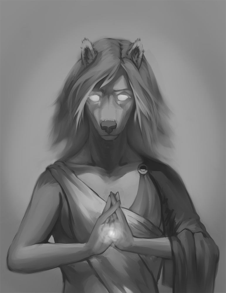 2015 anthro biped canid clothed clothing digital_media_(artwork) empty_eyes female fingers front_view glowing glowing_eyes grey_background greyscale hair half-length_portrait long_hair magic magic_user mammal meditation monk monochrome portrait robe simple_background solo whiteleonard