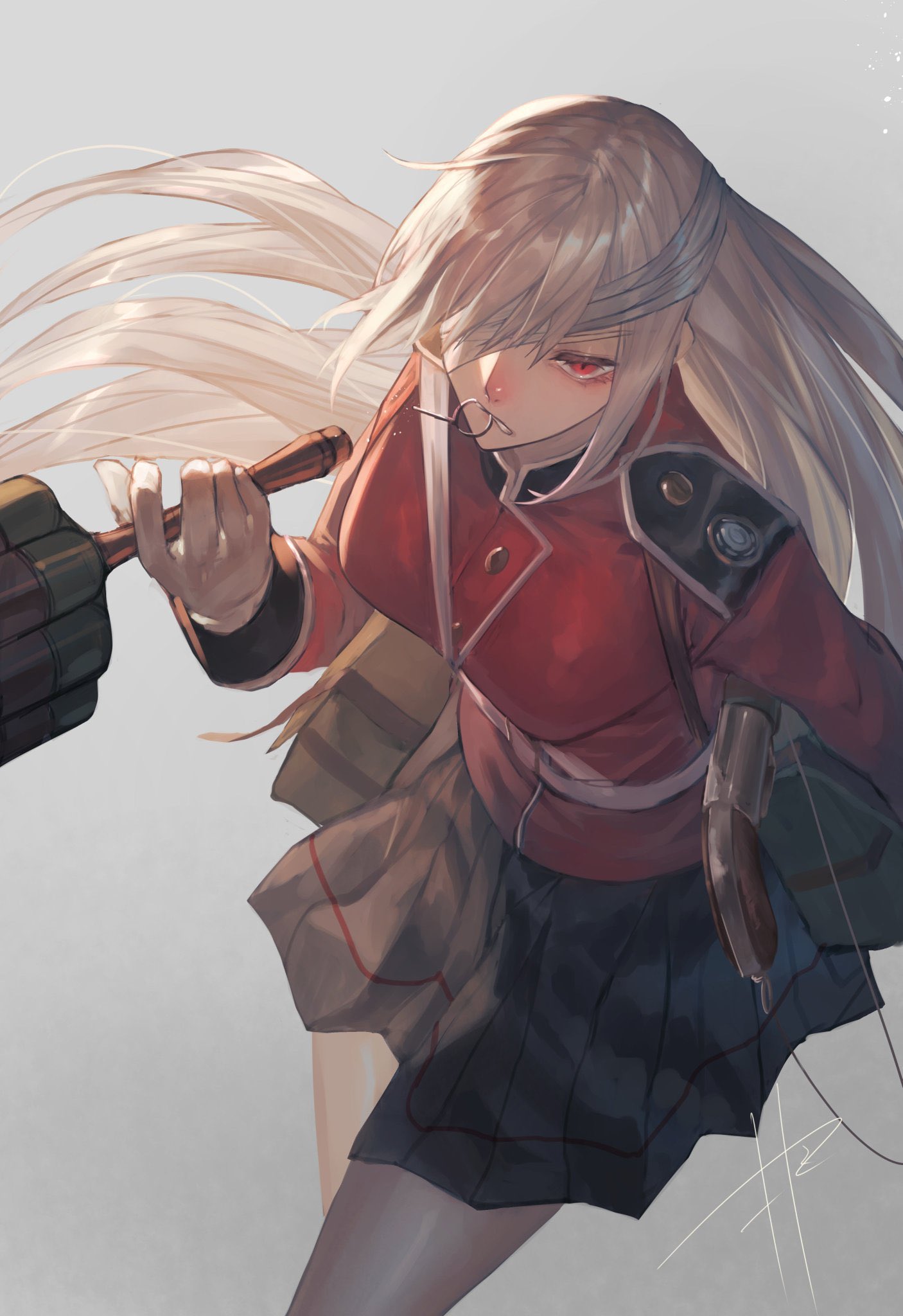 1girl alternate_hairstyle bag bandage_over_one_eye bandages belt between_breasts breasts bundled_charge commentary cowboy_shot explosive fate/grand_order fate_(series) florence_nightingale_(fate/grand_order) gloves gradient gradient_background grenade grenade_pin grey_background highres holding holding_grenade holding_weapon jacket large_breasts long_hair looking_at_viewer makitoshi0316 pantyhose parted_lips pleated_skirt red_eyes red_jacket satchel sidelocks signature skirt solo stielhandgranate strap_between_breasts very_long_hair weapon white_gloves white_hair
