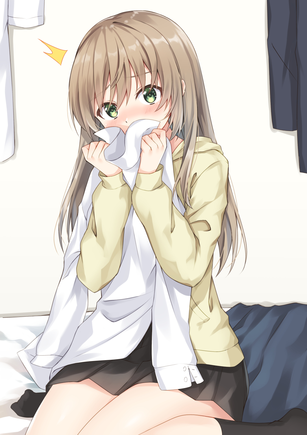 /\/\/\ 1girl bangs bed_sheet black_legwear black_skirt blush brown_hoodie clothes_sniffing commentary_request covered_mouth eyebrows_visible_through_hair green_eyes hair_between_eyes hands_up highres holding holding_clothes holding_shirt hood hood_down hoodie komori_kuzuyu long_hair long_sleeves looking_at_viewer no_shoes nose_blush original pleated_skirt shirt sitting skirt sleeves_past_wrists smelling socks solo very_long_hair wariza white_shirt