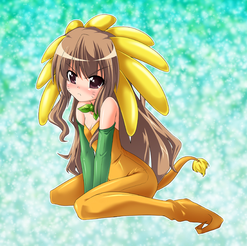 &gt;:( 1girl breasts brown_eyes brown_hair bunji cleavage costume dandylion duel_monster elbow_gloves flower frown full_body gloves leaf long_hair personification pointy_footwear sitting small_breasts solo tail wariza whisker_markings yuu-gi-ou