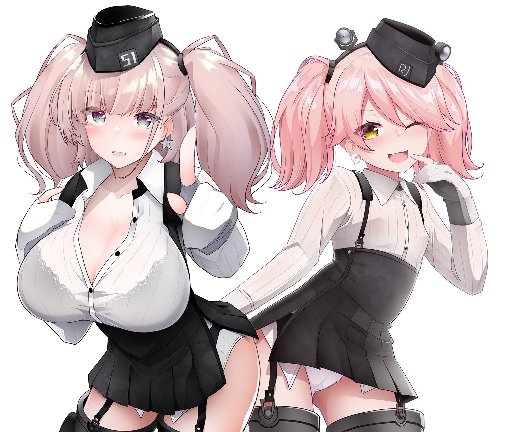 anchor_hair_ornament atlanta_(kantai_collection) atlanta_(kantai_collection)_(cosplay) bangs black_bra black_headwear black_skirt blush border bra breasts brown_hair commentary commentary_request cosplay covered_nipples dress_shirt earrings eyebrows_visible_through_hair fang flat_chest garrison_cap garter_straps gloves grey_eyes hair_ornament hat headgear high-waist_skirt index_finger_raised jewelry kantai_collection kirigakure_(kirigakure_tantei_jimusho) large_breasts long_hair long_sleeves looking_at_viewer one_eye_closed open_mouth panties partly_fingerless_gloves pink_hair ryuujou_(kantai_collection) see-through shirt simple_background skin_fang skirt star_(symbol) star_earrings suspender_skirt suspenders twintails two_side_up underwear white_background white_border white_gloves white_panties white_shirt yellow_eyes