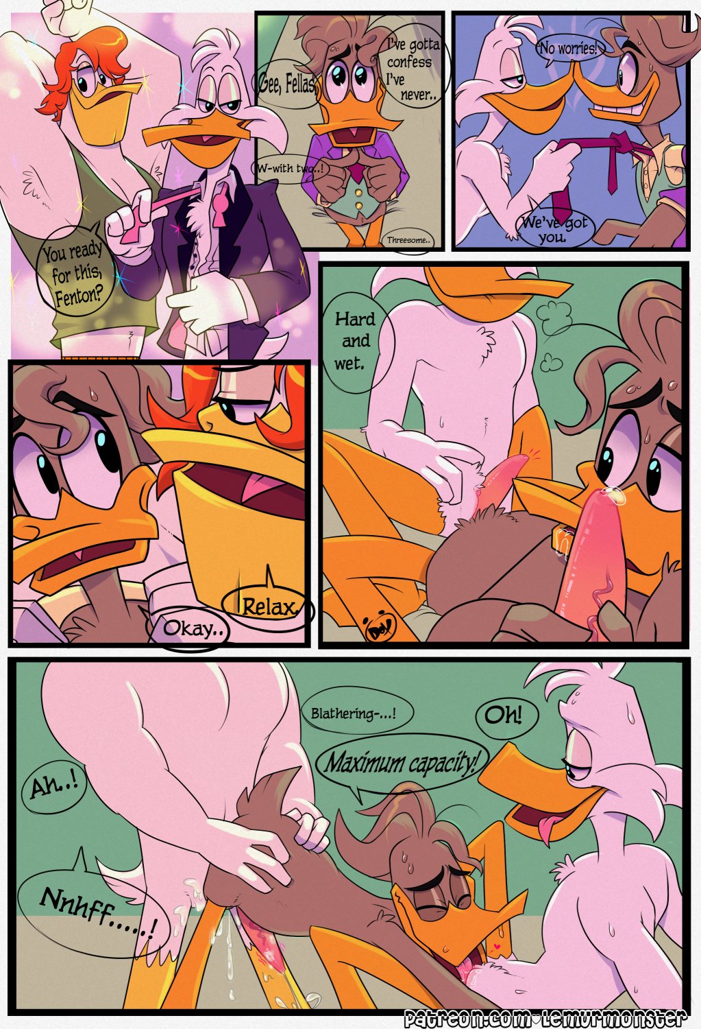 all_fours anal anal_penetration anatid anseriform anthro avian bird bodily_fluids butt butt_grab clothing comic cum cum_in_ass cum_inside cum_while_penetrated darkwing_duck disney doggystyle duck ducktales_(2017) fellatio fenton_crackshell from_behind_position genital_fluids genitals group group_sex hand_on_butt hi_res launchpad_mcquack lemure male male/male monster narrowed_eyes necktie nervous nude oral penetration penile penis penis_tip sex spread_legs spreading sweat sweatdrop threesome undressing urine wide_hips