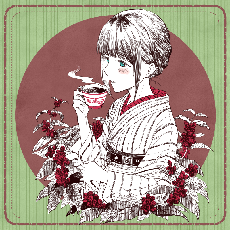 1girl bangs blush_stickers braid brown_background coffee coffee_wo_shizuka_ni commentary_request cropped_torso cup eyebrows_visible_through_hair green_background green_eyes hand_up holding holding_cup japanese_clothes kimono limited_palette long_sleeves looking_away miyabi_akino mole mole_under_eye obi parted_lips sash shizuka_(coffee_wo_shizuka_ni) short_hair sidelocks solo steam striped striped_background two-tone_background upper_body vertical-striped_kimono vertical_stripes wide_sleeves