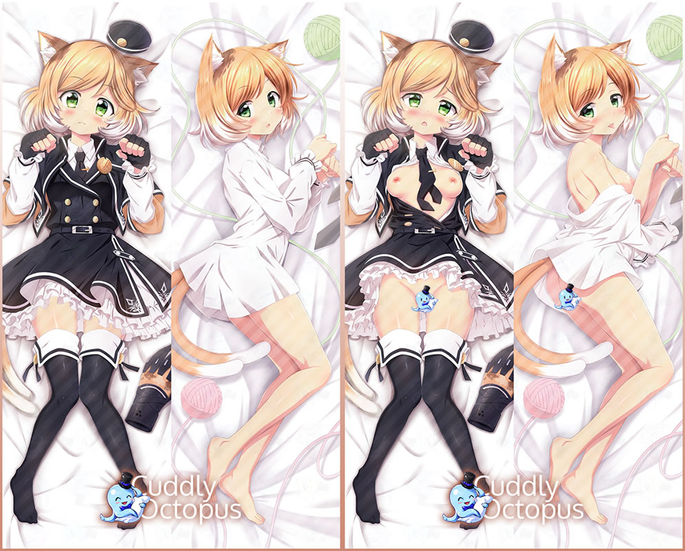 1girl animal_ear_fluff animal_ears arknights ayase_midori bangs bed_sheet black_gloves black_headwear black_legwear black_neckwear black_skirt black_vest blonde_hair blush bottomless breasts cat_ears cat_girl cat_tail censored character_censor collared_shirt commentary_request dakimakura diagonal_stripes eyebrows_visible_through_hair fingerless_gloves frilled_skirt frilled_sleeves frills gloves green_eyes groin hands_up hat hat_removed headwear_removed long_sleeves lying medium_breasts mini_hat mousse_(arknights) multicolored_hair multiple_tails multiple_views naked_shirt necktie nipples no_shoes nose_blush novelty_censor off_shoulder on_back on_side open_clothes open_mouth open_shirt paw_pose shirt short_hair skirt striped swept_bangs tail thighhighs tongue tongue_out two-tone_hair two_tails vest white_hair white_shirt yarn yarn_ball