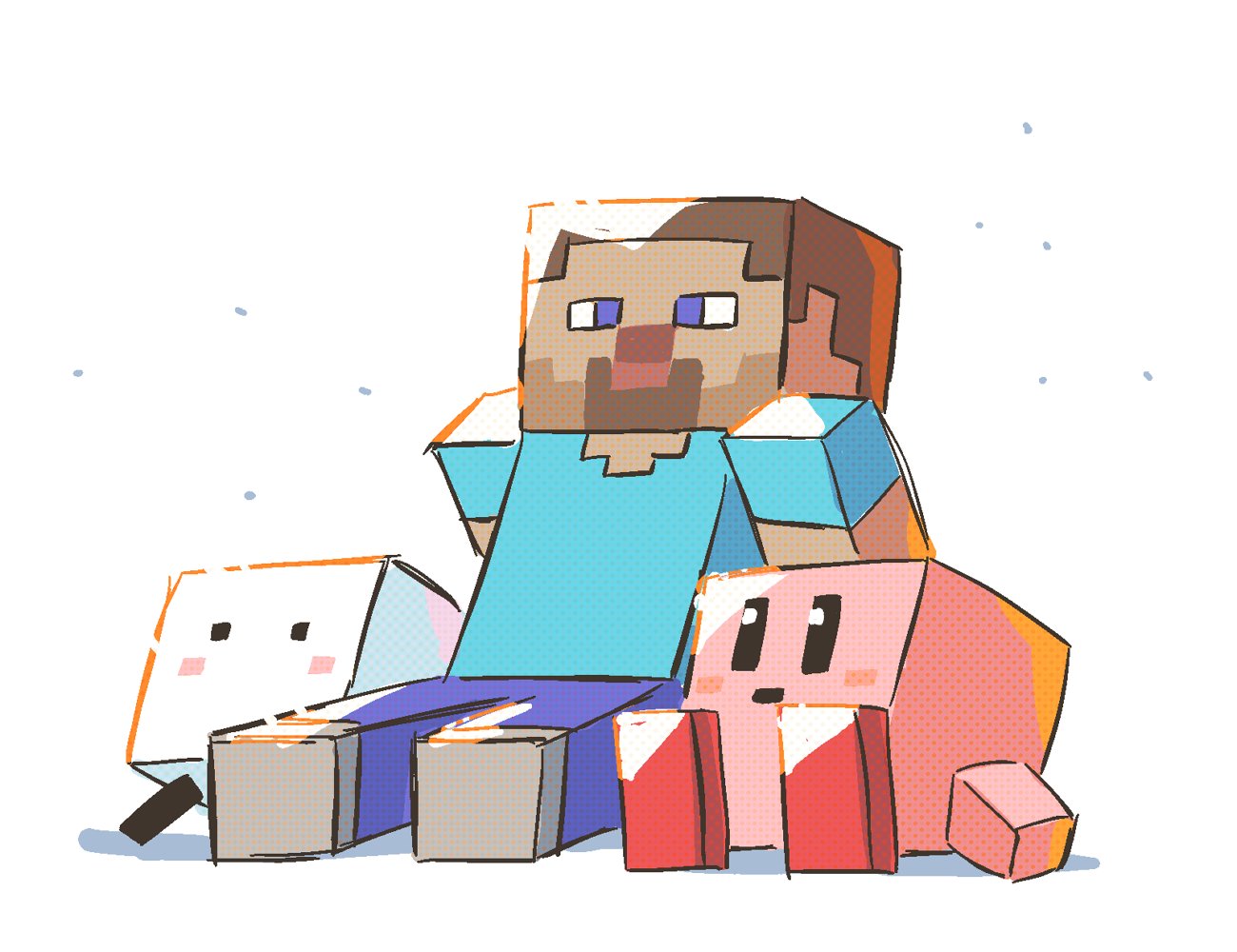 1boy arm_support beard blue_eyes blush_stickers boxboy! creator_connection cube facial_hair kirby kirby_(series) qbby rariatto_(ganguri) shirt simple_background sitting steve_(minecraft) super_smash_bros. t-shirt white_background |_|