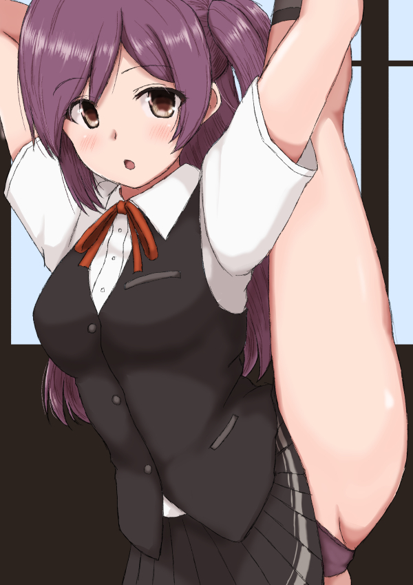 1girl ahoge alumina1863 arms_up black_skirt black_vest blouse brown_eyes commentary_request cowboy_shot hagikaze_(kantai_collection) kantai_collection long_hair looking_at_viewer neck_ribbon one_side_up panties pleated_skirt purple_hair purple_panties red_ribbon ribbon school_swimsuit skirt solo split standing standing_on_one_leg standing_split swimsuit underwear vest white_blouse window