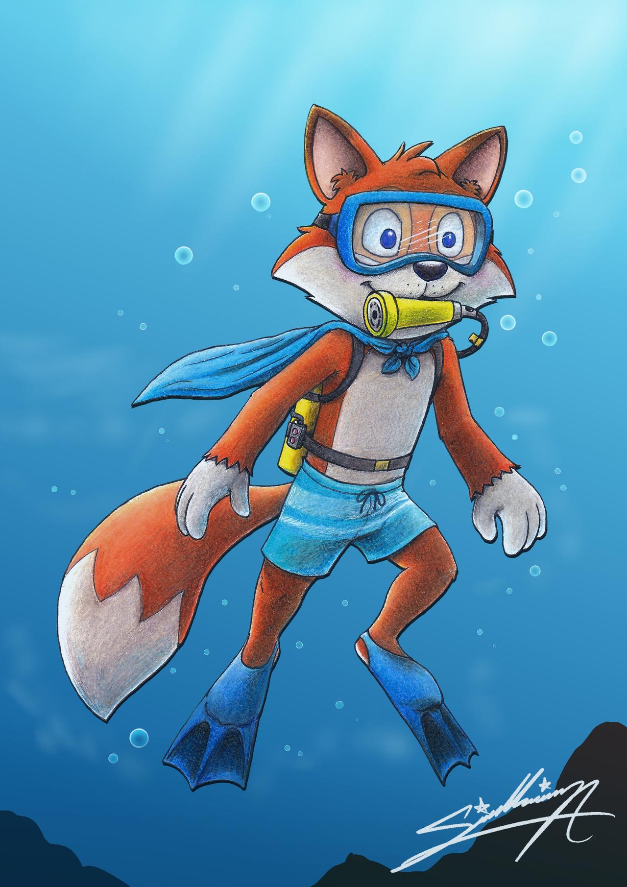 anthro bottomwear canid canine clothing fox hi_res lucky_the_fox male mammal sagadreams scuba shorts solo super_lucky's_tale swimming swimming_trunks swimwear underwater water young