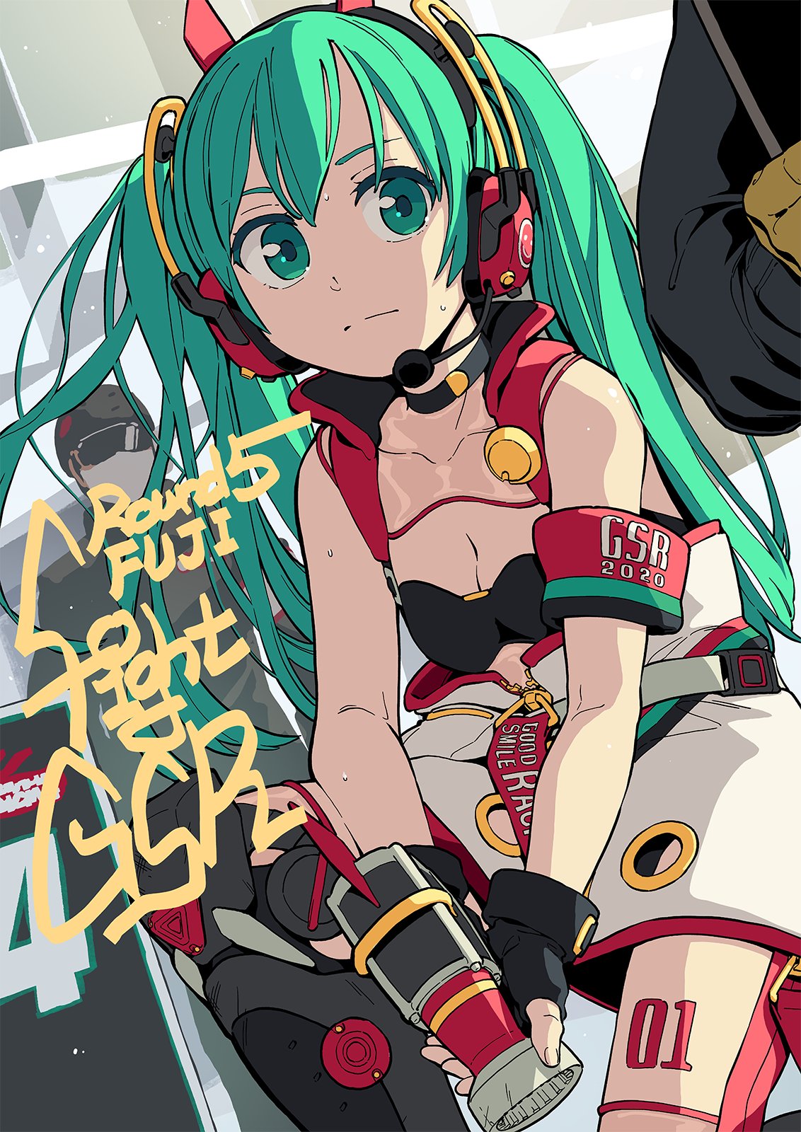 1girl 2others aqua_eyes aqua_hair armband bare_shoulders black_gloves commentary cowboy_shot expressionless fingerless_gloves gloves goodsmile_racing hatsune_miku headphones headset highres holding impact_wrench jacket leg_armor lena_(zoal) long_hair multiple_others off-shoulder_jacket racing_miku racing_miku_(2020) sidelighting sitting sports_bra sweat twintails very_long_hair vest vocaloid zipper