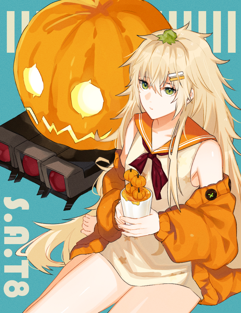 1girl 3o_c bare_legs barefoot blonde_hair blue_background character_name closed_mouth cup eyebrows_visible_through_hair girls_frontline green_eyes halloween holding holding_cup legs long_hair looking_at_viewer neck_ribbon pumpkin ribbon s.a.t.8_(girls_frontline) sitting solo