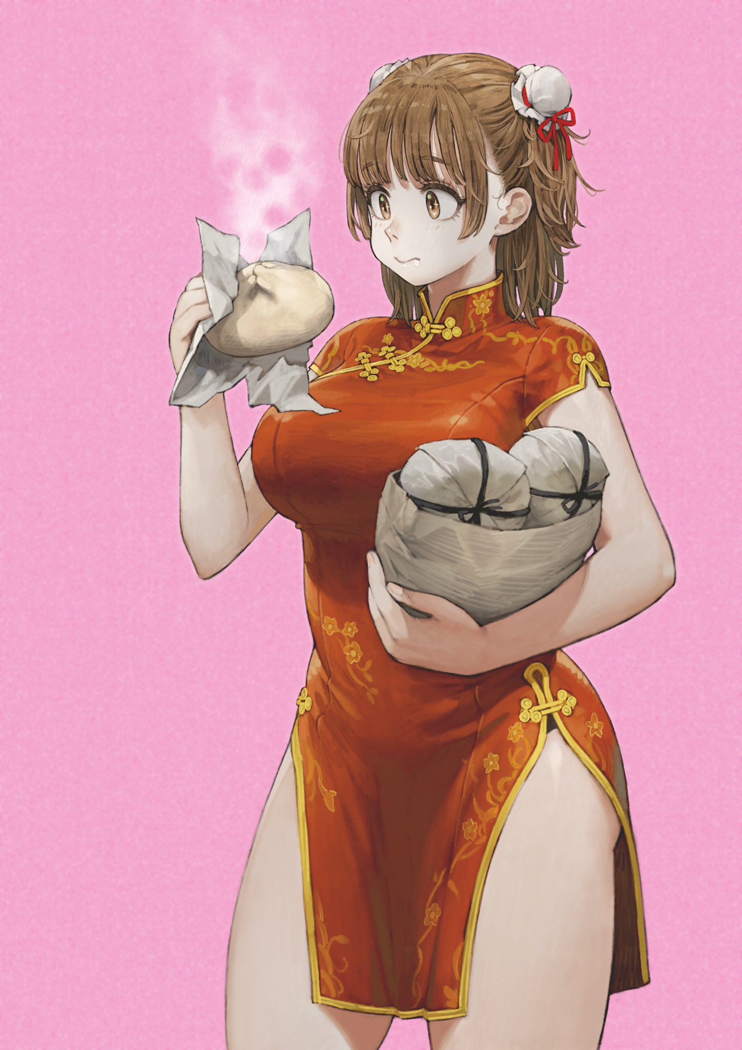 1girl bag baozi black_panties bottle breasts brown_eyes brown_hair china_dress chinese_clothes closed_eyes commentary double_bun dress food highres holding holding_food jun_(seojh1029) large_breasts medium_hair original panties pantyshot standing steam thighs underwear wrapper