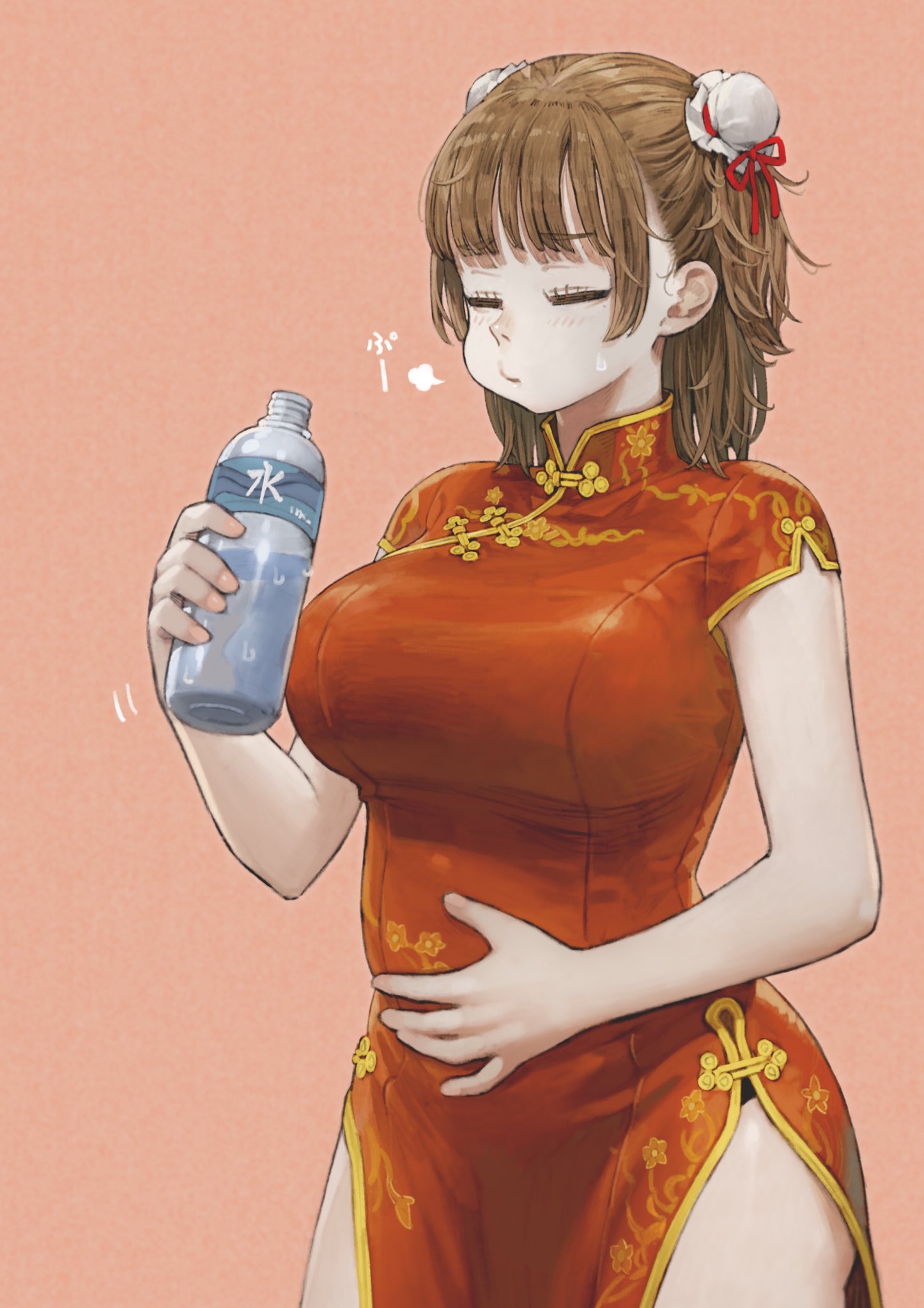 1girl bag baozi belly black_panties bottle breasts brown_eyes brown_hair burp china_dress chinese_clothes closed_eyes double_bun dress food full_stomach hand_on_own_stomach highres holding holding_stomach jun_(seojh1029) large_breasts medium_hair original panties pantyshot standing steam thighs underwear water_bottle wrapper