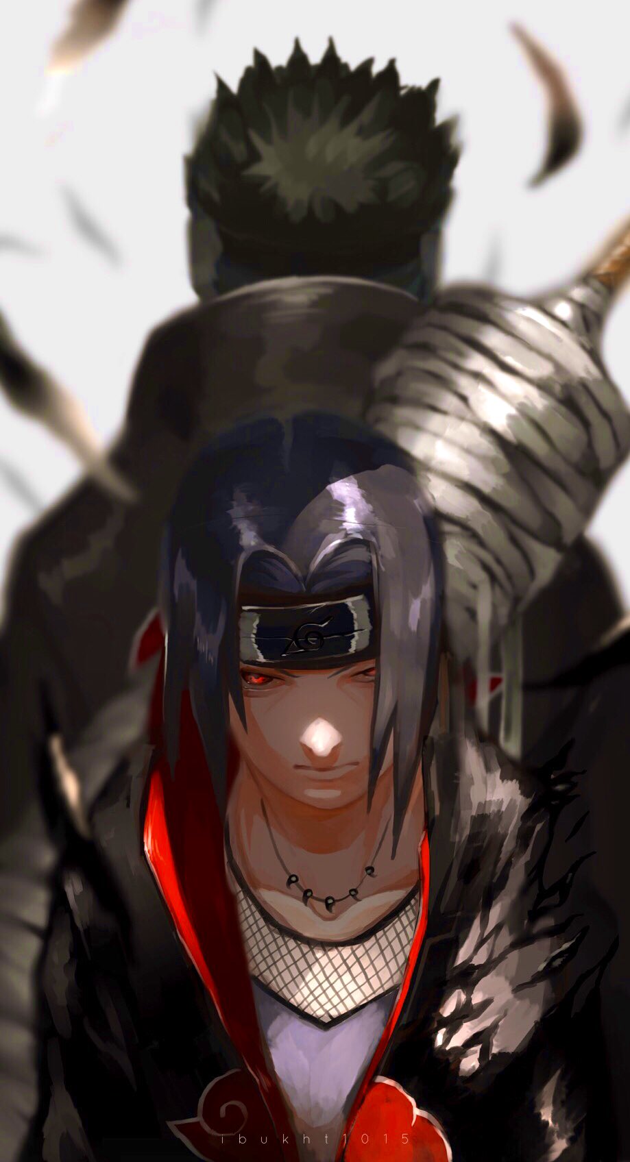 2boys akatsuki_uniform artist_name bandages bangs black_coat black_hair coat collarbone commentary_request forehead_protector highres hoshigaki_kisame ibuo_(ibukht1015) jewelry looking_at_viewer male_focus multiple_boys naruto naruto_(series) necklace parted_bangs red_eyes short_hair solo_focus sword uchiha_itachi upper_body weapon