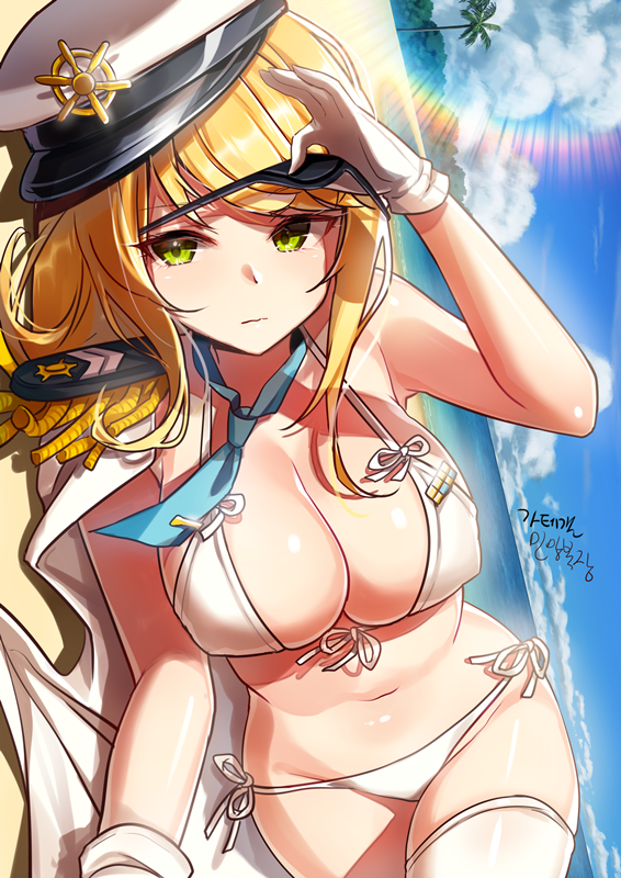 1girl arm_up bangs bare_arms bare_shoulders beach bikini black_eyepatch blonde_hair blue_neckwear bow bow_bikini breasts cleavage closed_mouth cloud commentary_request covered_nipples day epaulettes eyebrows_visible_through_hair eyepatch eyepatch_lift front-tie_bikini front-tie_top gloves grand_admiral_marina green_eyes groin guardian_tales hat horizon jacket jacket_on_shoulders korean_commentary large_breasts lens_flare long_hair lying military military_hat military_jacket military_uniform naval_uniform navel necktie ocean on_side open_clothes open_jacket outdoors palm_tree parted_bangs peaked_cap sand shiny shiny_hair shiny_skin shore short_necktie side-tie_bikini sidelocks skindentation solo stomach string_bikini summer swimsuit thighhighs tree tsurime uniform user_ysjc7557 water white_bikini white_gloves white_headwear white_jacket white_legwear white_swimsuit