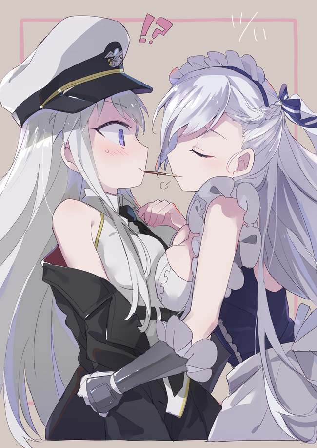 2girls apron azur_lane bangs bare_shoulders belfast_(azur_lane) belt black_belt black_coat black_neckwear blush braid breast_press breasts cleavage closed_eyes coat cocoadrive enterprise_(azur_lane) food french_braid frilled_apron frilled_gloves frills from_side gloves hat imminent_kiss large_breasts long_hair maid maid_apron maid_headdress military_hat multiple_girls open_clothes open_coat oto_(rozeko) peaked_cap pocky pocky_day profile purple_eyes shirt silver_hair sleeveless sleeveless_shirt sweatdrop underbust white_apron white_gloves white_headwear yuri