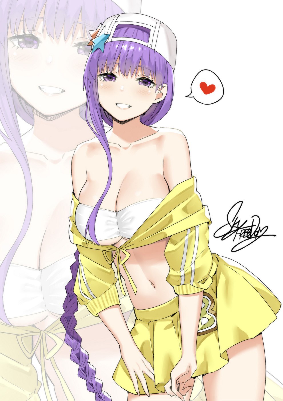 1girl backwards_hat bangs bare_shoulders bb_(fate)_(all) bb_(swimsuit_mooncancer)_(fate) bikini bikini_top breasts cleavage cowboy_shot fate/grand_order fate_(series) hat heart highres jacket long_hair looking_at_viewer navel off-shoulder_jacket off_shoulder parted_lips purple_eyes purple_hair signature skirt sky_(freedom) smile solo speech_bubble swimsuit very_long_hair white_bikini white_headwear yellow_jacket yellow_skirt zoom_layer
