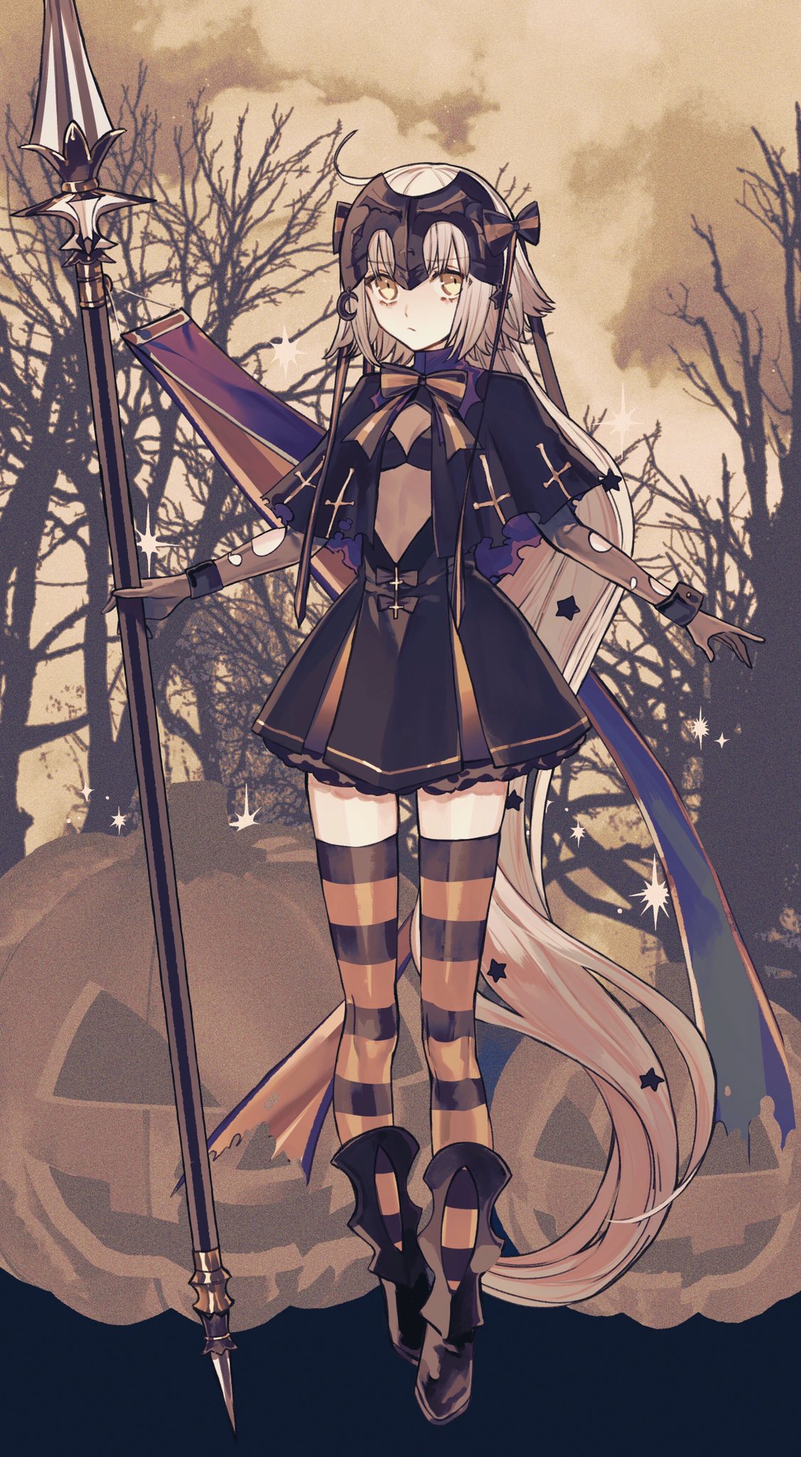 1girl albino_(a1b1n0623) banner bare_tree bow capelet commentary cross cross_print expressionless eyebrows_visible_through_hair fate/grand_order fate_(series) flag forest full_body hair_bow hair_ornament halloween headpiece highres holding holding_weapon jack-o'-lantern jeanne_d'arc_(fate)_(all) jeanne_d'arc_alter_santa_lily long_hair looking_at_viewer nature nobori outdoors polearm pumpkin ribbon solo sparkle spear standing star_(symbol) star_hair_ornament striped striped_legwear striped_ribbon thighhighs torn_clothes tree very_long_hair weapon wrist_cuffs yellow_eyes