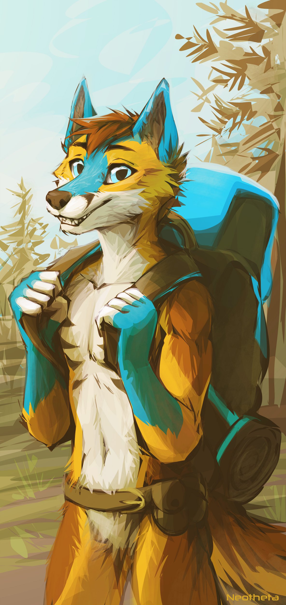 5_fingers absurd_res anthro blue_eyes brown_hair canid canine day detailed_background fingers fox hair hi_res male mammal neothetaa nude outside sky smile solo standing