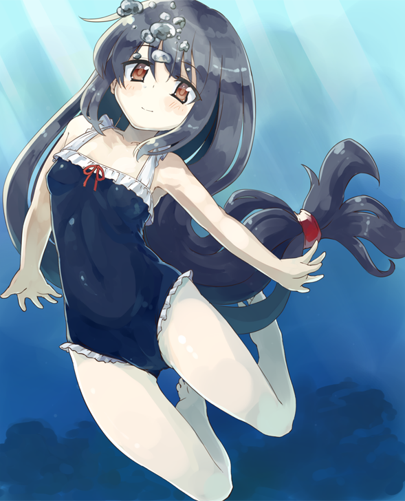 1girl air_bubble black_hair black_swimsuit blush breasts bubble casual_one-piece_swimsuit collarbone covered_navel day eyebrows_visible_through_hair frilled_swimsuit frills full_body hatsushimo_(kantai_collection) holding_breath kantai_collection light_rays long_hair low-tied_long_hair naka_akira ocean one-piece_swimsuit outdoors red_eyes small_breasts solo submerged sunlight swimming swimsuit underwater water