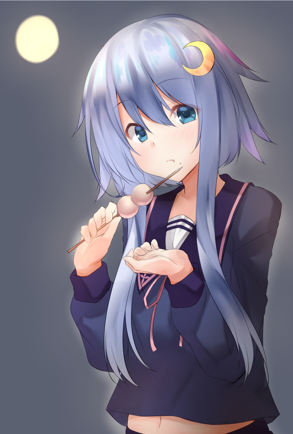 1girl black_sailor_collar black_serafuku black_shirt blue_eyes commentary_request crescent crescent_hair_ornament dango eating food full_moon hair_ornament highres kamijou_sadame kantai_collection moon night purple_hair sailor_collar school_uniform serafuku shirt short_hair short_hair_with_long_locks solo upper_body wagashi yayoi_(kantai_collection)