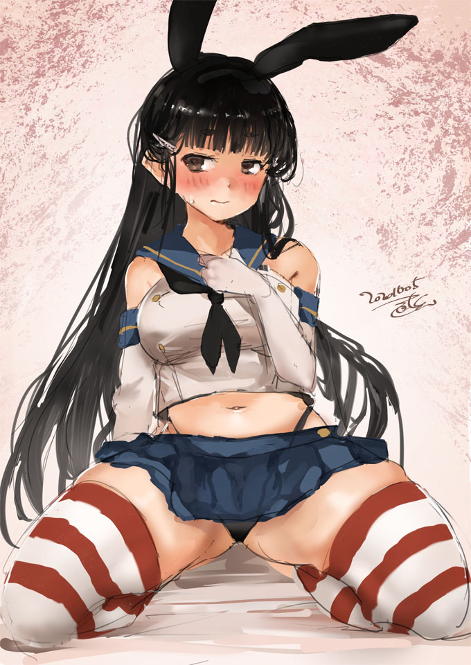 1girl animal_ears black_hairband black_panties blue_sailor_collar blue_skirt brown_eyes bunny_ears commentary_request cosplay crop_top dated elbow_gloves fake_animal_ears gloves hair_ornament hairband hairclip highleg highleg_panties kantai_collection kneeling long_hair looking_to_the_side microskirt miniskirt myoukou_(kantai_collection) navel panties pleated_skirt sailor_collar shimakaze_(kantai_collection) shimakaze_(kantai_collection)_(cosplay) sideways_glance signature skirt solo striped striped_legwear thighhighs toka_(marchlizard) underwear white_gloves