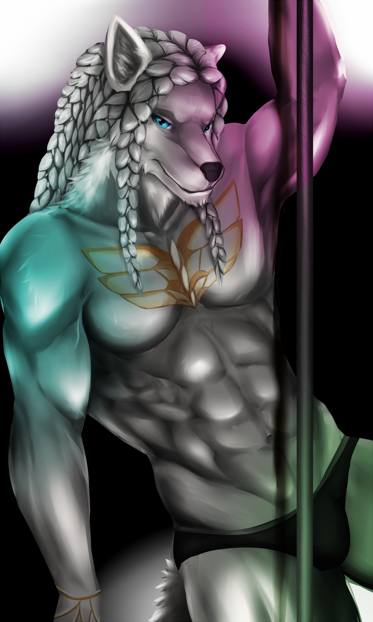 3:5 anthro clothing dancing deon_(deon_heinrik) dragon dragonbear dreadlocks hi_res hybrid looking_at_viewer male mammal pole pole_dancing scales seductive_eyes seductive_look seductive_smile solo stripper striptease tipsycanvas underwear ursid